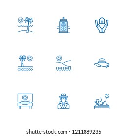 Collection of 9 umbrella outline icons include icons such as deck chair, insurance, detective, pamela, police box