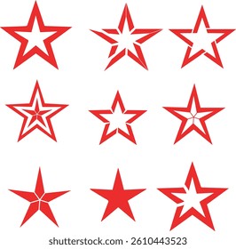 Collection of 9 unique star symbols in various styles, including solid, outlined, geometric, and decorative designs. Vector illustration ideal for use in icons, badges, awards and user interfaces.