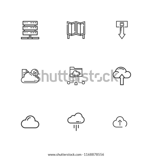 Collection of 9 upload outline\
icons include icons such as cloud computing, cloud, server,\
download