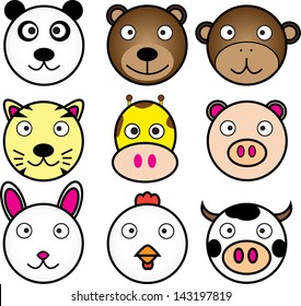 A collection of  9 vector animal cartoon face