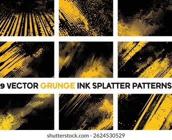 Collection of 9 vector grunge ink splatter patterns in yellow and black. Set of abstract, textured backgrounds with distressed details, halftone effects, and dynamic strokes for edgy graphic designs.