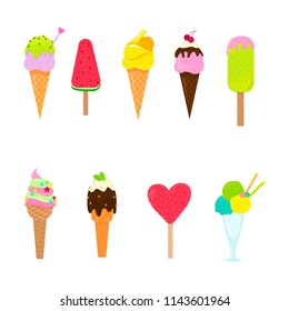 Collection of 9 vector ice cream illustrations on white board