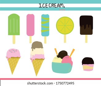 Collection of 9 vector ice cream illustrations isolated on white background.