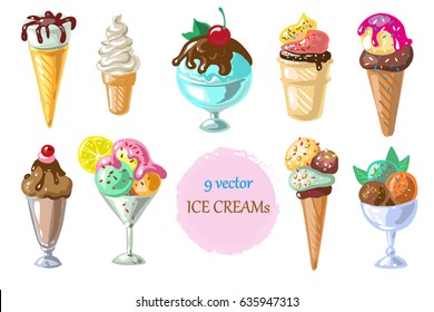 Collection of 9 vector ice cream illustrations isolated on white