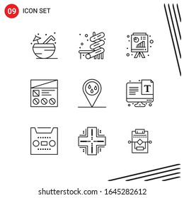 Colección de 9 iconos vectoriales al estilo de línea. Símbolos de esquema perfecto para Web y Mobile. Señales de icono de línea en fondo blanco.9 Iconos.