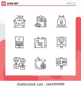Colección de 9 iconos vectoriales al estilo de línea. Símbolos de esquema modernos para web y móvil. Signo de icono de línea aislado en fondo blanco.9 Iconos.
