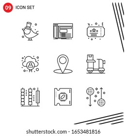 Collection of 9 Vector Icons in Line style. Pixle Perfect Outline Symbols for Web and Mobile. Line Icon Signs on White Background. 9 Icons.