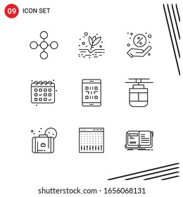 Colección de 9 iconos vectoriales al estilo de línea. Símbolos de esquema perfecto para Web y Mobile. Señales de icono de línea en fondo blanco. 9 Iconos.