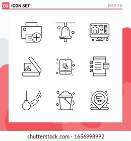 Collection of 9 Vector Icons in Line style. Modern Outline Symbols for Web and Mobile. Line Icon Sign Isolated on White Background. 9 Icons.