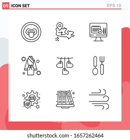 Collection of 9 Vector Icons in Line style. Modern Outline Symbols for Web and Mobile. Line Icon Sign Isolated on White Background. 9 Icons.