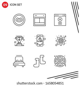 Collection of 9 Vector Icons in Line style. Pixle Perfect Outline Symbols for Web and Mobile. Line Icon Signs on White Background. 9 Icons.