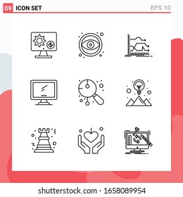 Colección de 9 iconos vectoriales al estilo de línea. Símbolos de esquema modernos para web y móvil. Signo de icono de línea aislado en fondo blanco. 9 Iconos.