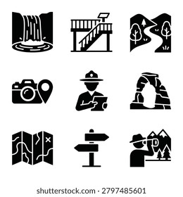 A collection of 9 vector icons representing outdoor activities, nature exploration, and tourism, isolated on white background.