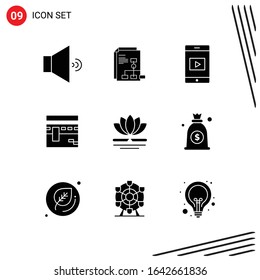 Collection of 9 Vector Icons in solid style. Pixle Perfect Glyph Symbols for Web and Mobile. Solid Icon Signs on White Background. 9 Icons.