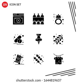 Collection of 9 Vector Icons in solid style. Pixle Perfect Glyph Symbols for Web and Mobile. Solid Icon Signs on White Background. 9 Icons.