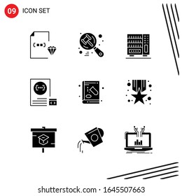 Collection of 9 Vector Icons in solid style. Pixle Perfect Glyph Symbols for Web and Mobile. Solid Icon Signs on White Background. 9 Icons.