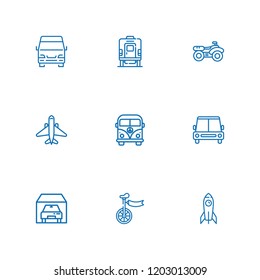 Collection of 9 vehicle outline icons include icons such as car, minivan, garage, quad, van, plane, rocket, train