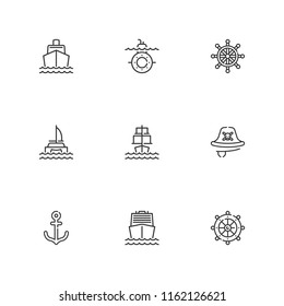 Collection of 9 vessel outline icons include icons such as boat, catamaran, sailing ship, submarine, rudder, pirate