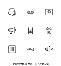 Collection of 9 volume outline icons include icons such as player, recording, video player, megaphone, horn, speaker, headphones