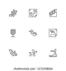 Collection of 9 walk outline icons include icons such as treadmill, route, escalator, footprint, stairs