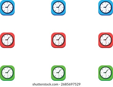 Colección de 9 iconos de reloj de pared en colores azul, rojo y verde, perfecto para el tiempo, el horario, la fecha límite y los diseños de recordatorio.