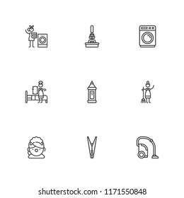 Collection of 9 washer outline icons include icons such as clothespin, detergent, mop, vacuum cleaner, washing machine, laundry