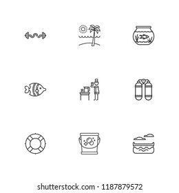 Collection of 9 water outline icons include icons such as aquarium, canoe, oxygen, lifebuoy, fish, water, bars, bucket