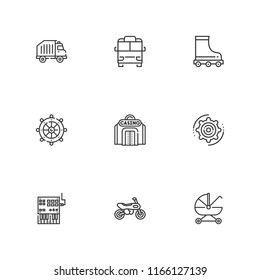 Collection of 9 wheel outline icons include icons such as casino, recycling truck, cogwheel, motorcycle, roller skate, minibus, stroller, controller