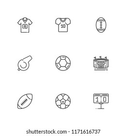 Collection of 9 whistle outline icons include icons such as american football, football jersey, scoreboard, soccer, whistle, football