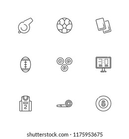 Collection of 9 whistle outline icons include icons such as billiard, party blower, american football, basketball jersey, football, referee, whistle
