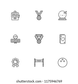 Collection of 9 win outline icons include icons such as winner, ace, gambler, bowling, medal, finish