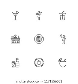Collection of 9 wine outline icons include icons such as bar, wine, barista, waitress, cocktail, dinner, soft drink