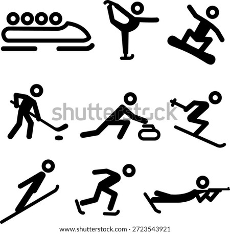 Collection of 9 winter sports vector icons. Stick figure athletes depicting bobsleigh, figure skating, snowboarding, ice hockey, curling, alpine skiing, ski jump, speed skating, and biathlon. Simple black line art for sports events.