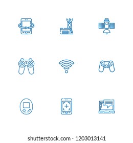 Collection of 9 wireless outline icons include icons such as gamepad, satellite, tablet, antenna, wifi, laptop
