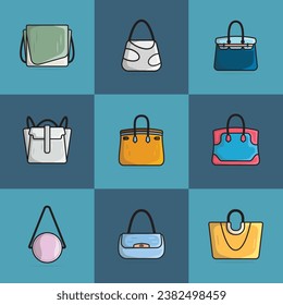 Collection of 9 Women Fashion Clutch Leather Purses or Bags vector illustration. Beauty fashion objects icon concept. Set of modern evening handbags vector design.