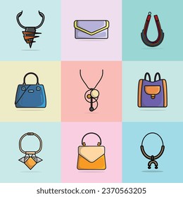 Collection of 9 Women Trendy Colorful Neck Necklaces and Luxury Purses vector illustration. Beauty fashion objects icon concept. Set of trendy women fashion jewelry accessories vector design.