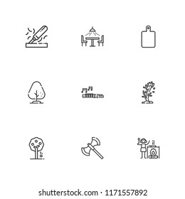 Collection of 9 wood outline icons include icons such as fruit tree, tree, flute, cutting board, axe, campfire, table