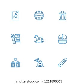 Collection of 9 wooden outline icons include icons such as abc, rocking horse, flute, russian banya, marshmallow, window, cabins, cabin