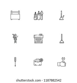 Collection of 9 wrench outline icons include icons such as wrench, toolbox, plunger, screwdriver, plumber, tools