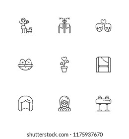 Collection of 9 young outline icons include icons such as girl, pommel horse, tricycle, plant, wig, couple, toga