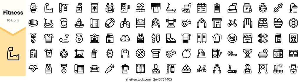 A collection of 90 fitness-themed icons in a minimalist style, featuring equipment, activities, and health symbols, perfect for enhancing wellness projects.