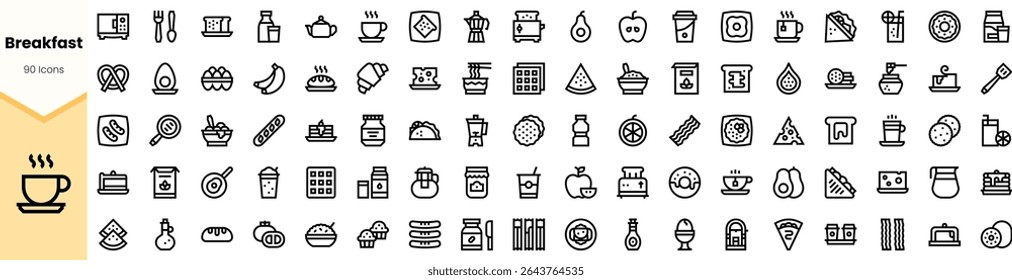 Uma coleção de 90 ícones pretos elegantes representando vários itens do café da manhã, incluindo bebidas, frutas, ovos e doces, perfeito para projetos relacionados à comida.