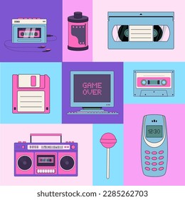 Collection of 90s elements: old pc, phone, audio player, cassette, tape, floppy disk, boombox. Geometric poster in pop art style. Flat vector illustration