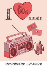 colección de objetos musicales de los años 90 con colores naranja vivos
