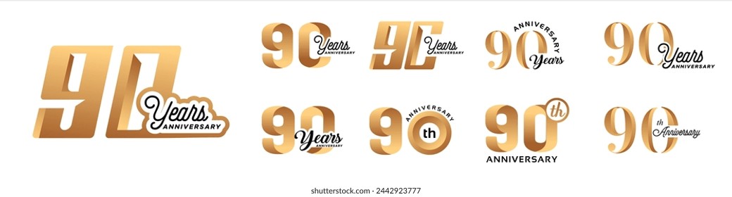 Collection of 90th Anniversary vector template designs with various styles of numbers in elegant gold color for celebration events, weddings, greeting cards and invitations