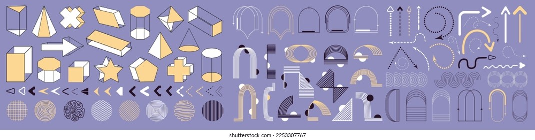 Collection of 95 design elements. Set of geometric shapes, arrows, and monoline geometric. Arch, star, square, octahedron, triangular prism, parallelepiped, arc, ellipse. Vector illustration.