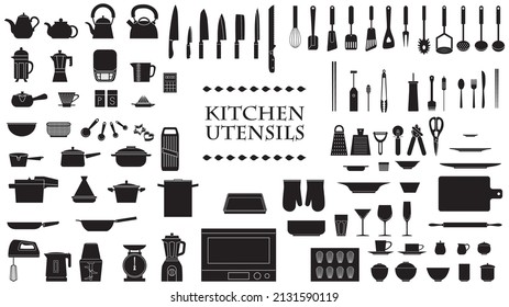 collection of 97 silhouette icon materials for kitchen utensils.