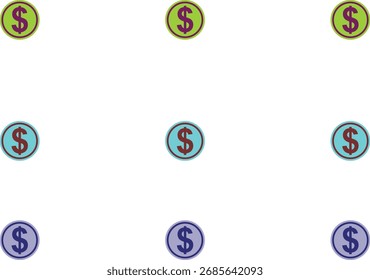 Collection of 9-dollar coin icons in green, blue, and dark blue shades, ideal for finance, money, banking, and investment designs.