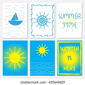 Collection of A4 format illustrations in navy style with steering wheel, boat, sun, sea waves, lettering. Summer time, Summer is hear text. Blue, white, yellow colors.