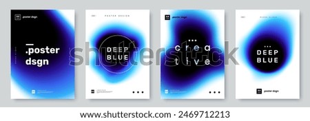 Collection of A4 posters with curved dark blue shape on white background. Modern abstract blue banner design with blurred blob and place for text. Ideal for flyer, booklet, cover, ad.